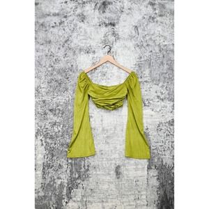 Oh Polly Green Satin Long Sleeve Crop Top Blouse Size 2